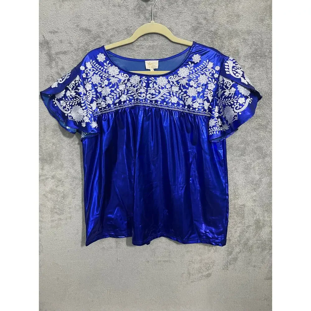 Layerz Maher Blouse Large Blue Metallic Satin Mexican Style Embroidery Boho NWT - Picture 1 of 7